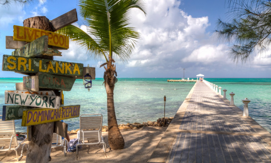 A signpost with various destinations next to the blue-green crystal clear waters off Rum Point dock on the north side of Grand Cayman, Cayman Islands, BWI