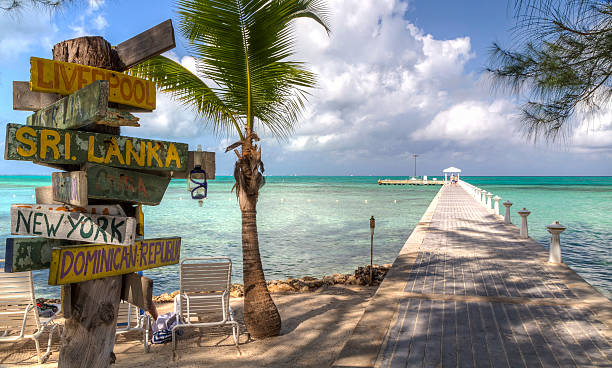 Rum Point Dock and Signpost stock photo