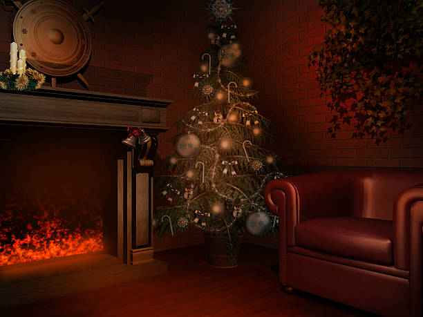 istock Room with fireplace and christmas tree 474949564