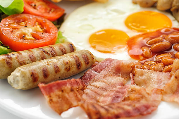 istock American breakfast with fried eggs, tomatoes, fried ham, beans   sausage 474951382