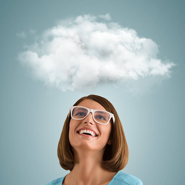 istock Positive woman looking at white cloud 474956918