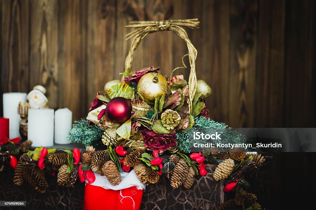 Christmas basket and candle closeup Christmas basket and candle  closeup Christmas Hamper Stock Photo