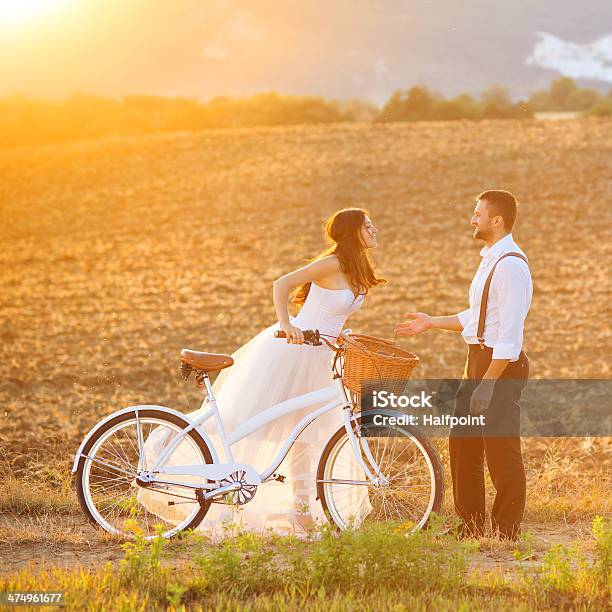 Bride And Groom With A White Wedding Bike Stock Photo - Download Image Now - Adult, Beautiful People, Beauty