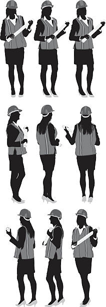 Female architect in various poses Female architect in various poseshttp://www.twodozendesign.info/i/1.png engineer silhouettes stock illustrations