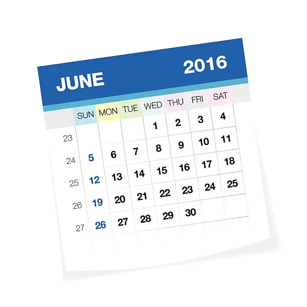 Vector illustration of June 2016 Calendar