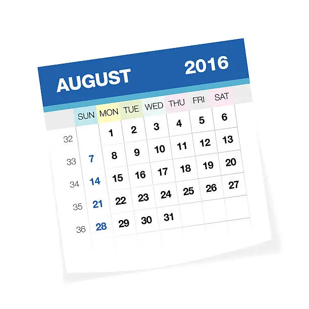 Vector illustration of August 2016 Calendar