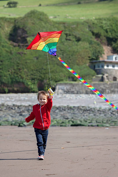 istock Cute boy with kite on the beach 474965290