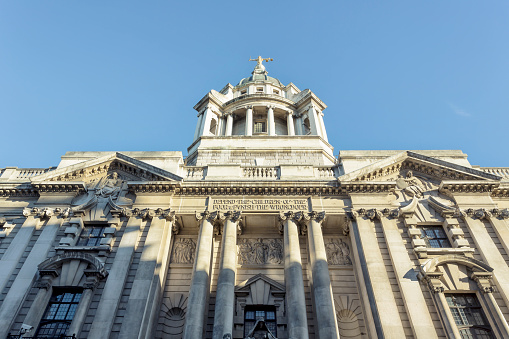View of the main facade of Old Bailey the Central Criminal Court of England and Wales.