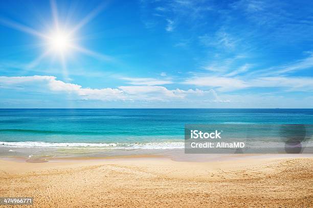 Seascape And Sun On Blue Sky Stock Photo - Download Image Now - Beach, Summer, Sea