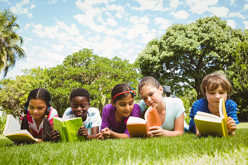 Portrait of children lying on grass and reading books at the park