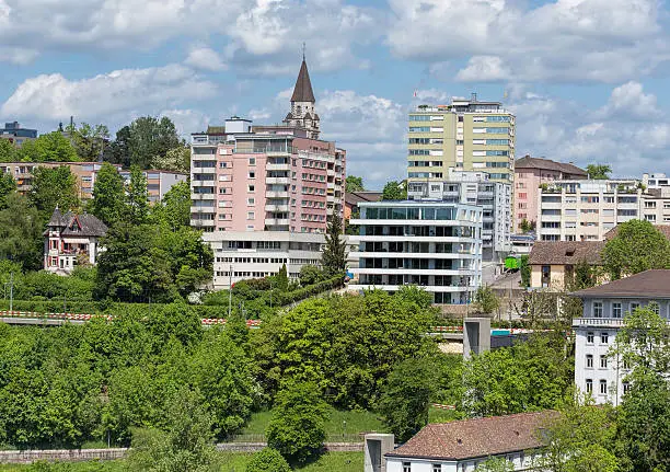 View in the Neuhausen am Rheinfall city in Switzerland in springtime.