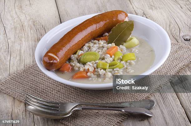 Pearl Barley Soup With Smoked Sausage Stock Photo - Download Image Now - Barley, Bay Leaf, Canvas Fabric