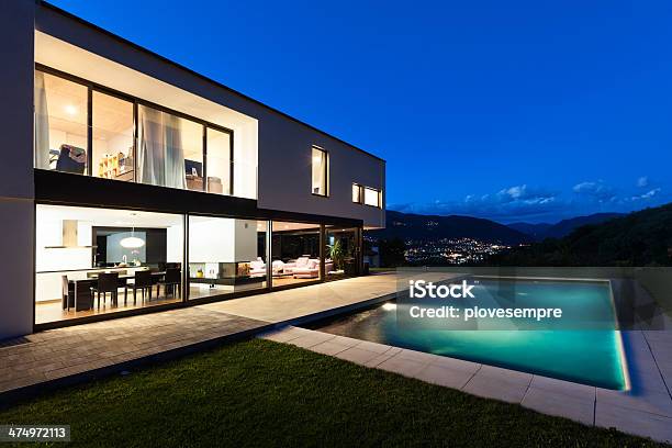 Modern Villa By Night Stock Photo - Download Image Now - Swimming Pool, Vacation Rental, Night