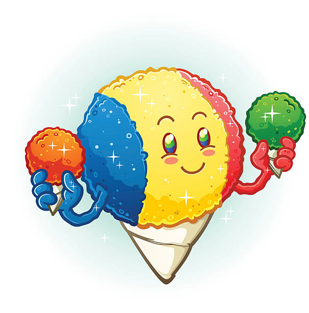 Snow Cone Cartoon Character Holding Frozen Flavored Ice Treats A cheerful smiling snow cone cartoon with raspberry, lime and cherry flavoring holding lime and orange flavored ice treats snow cone stock illustrations