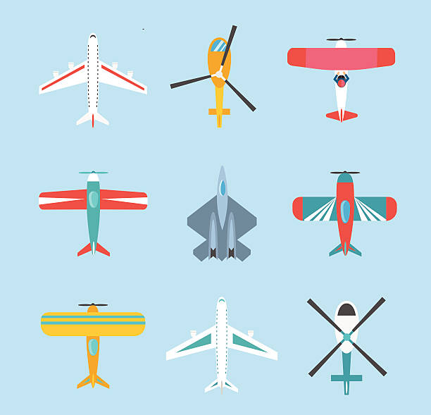 Color airplanes and helicopters icons set vector art illustration