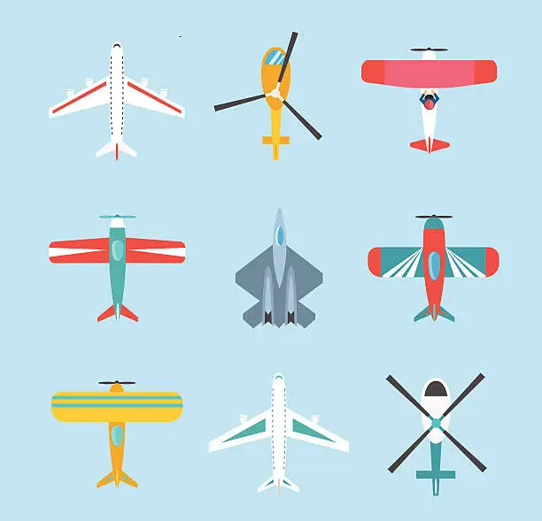 Vector illustration of Color airplanes and helicopters icons set