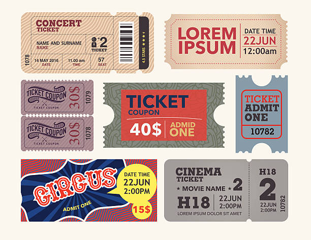 tickets-kollektion aus vintage und retro-stil. - ticket raffle ticket ticket stub movie ticket stock-grafiken, -clipart, -cartoons und -symbole