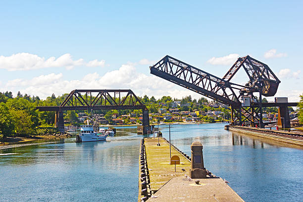 Ballard Locks on a summer day in Seattle. Locks connect the waters of Puget Sound with freshwater of Lake Union and lake Washington. ballard-seattle stock pictures, royalty-free photos & images