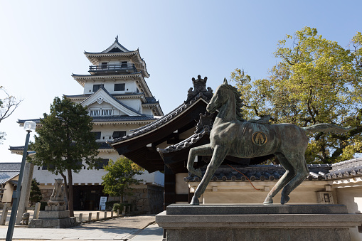 Imabari, Japan - April 15, 2015 : Imabari Castle in Ehime Prefecture, Shikoku, Japan. It is one of the landmarks of the city of Imabari. This castle is well known as the castle on the sea in Japan. 