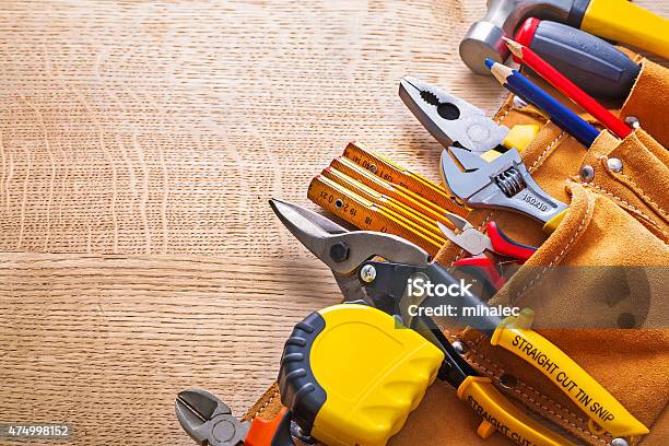 Tape Measure Pliers Nippers Steel Cutter Pencil Hammer In Toolbe Stock Photo - Download Image Now