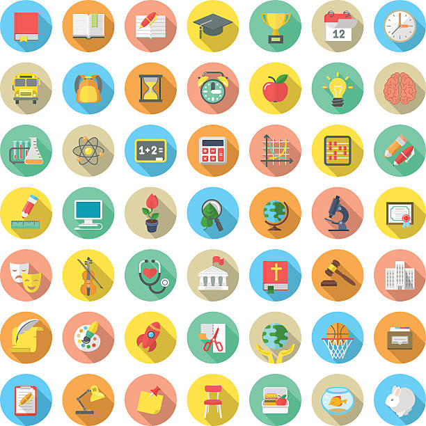 Flat Round School Subjects Icons with Long Shadows Set of modern flat round vector icons of school subjects, activities, education and science symbols in colorful circles with long shadows. Concepts for web site, mobile or computer apps, infographics classroom icons stock illustrations