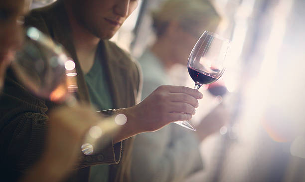 Wine tasting event. Group of unrecognizable caucasian adults tasting wine in wine cellar. Comparing appearance, smell, aroma,taste,aftertaste. The man in focus is holding a glass of red wine and looking at its color. wine tasting stock pictures, royalty-free photos & images