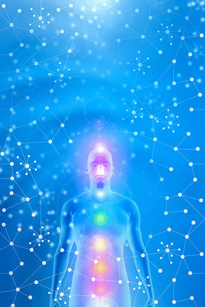 istock Standing human body meditating, chakra energy points, blue abstract background 475002187