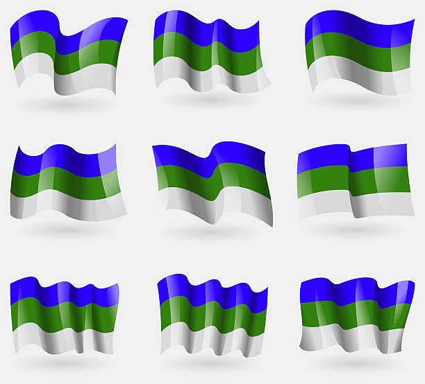Set of Komi flags in the air.