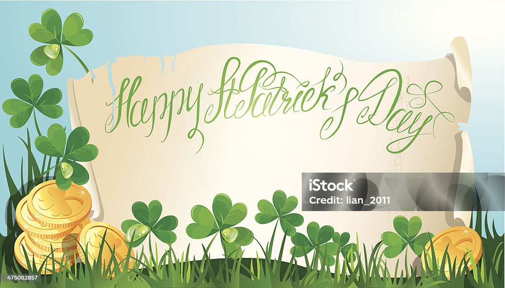 Joyeuse fête de la Saint Patrick.  Vieux Parchemin, Shamrock et de la pièce d'or - clipart vectoriel de Abstrait libre de droits