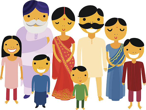 Big Indian Family Big Indian Family with Two Parents and Five Children and Grandfather Kurta stock illustrations