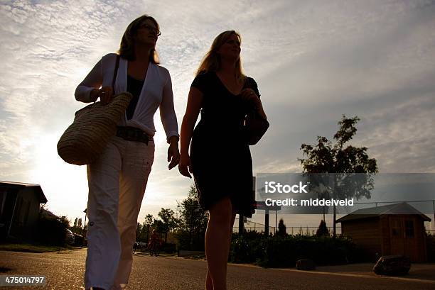 Photo libre de droit de Deux Femmes Marchant Au Coucher Du Soleil banque d'images et plus d'images libres de droit de Abstrait - Abstrait, Adulte, Adulte d'âge moyen