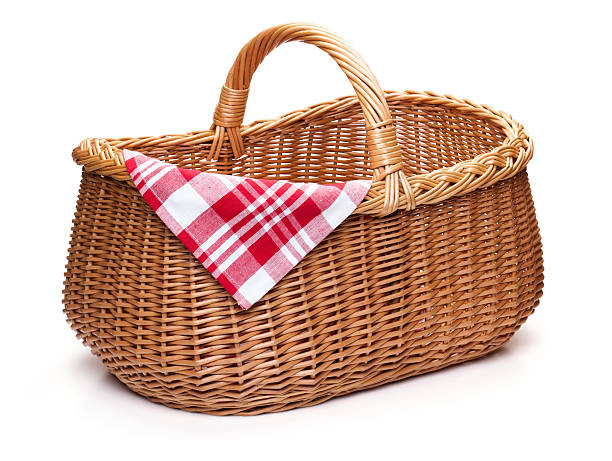Wicker picnic basket with red checked napkin.
