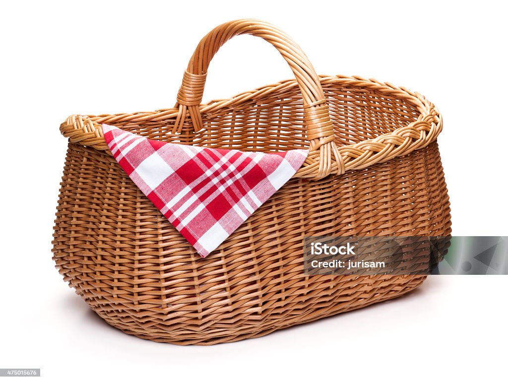 Wicker picnic basket with red checked napkin. Wicker picnic basket with red checked napkin, isolated on the white background. Basket Stock Photo