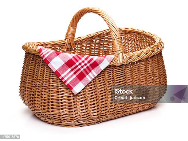 Wicker Picnic Basket With Red Checked Napkin Stock Photo - Download Image Now - Basket, Picnic Basket, Picnic