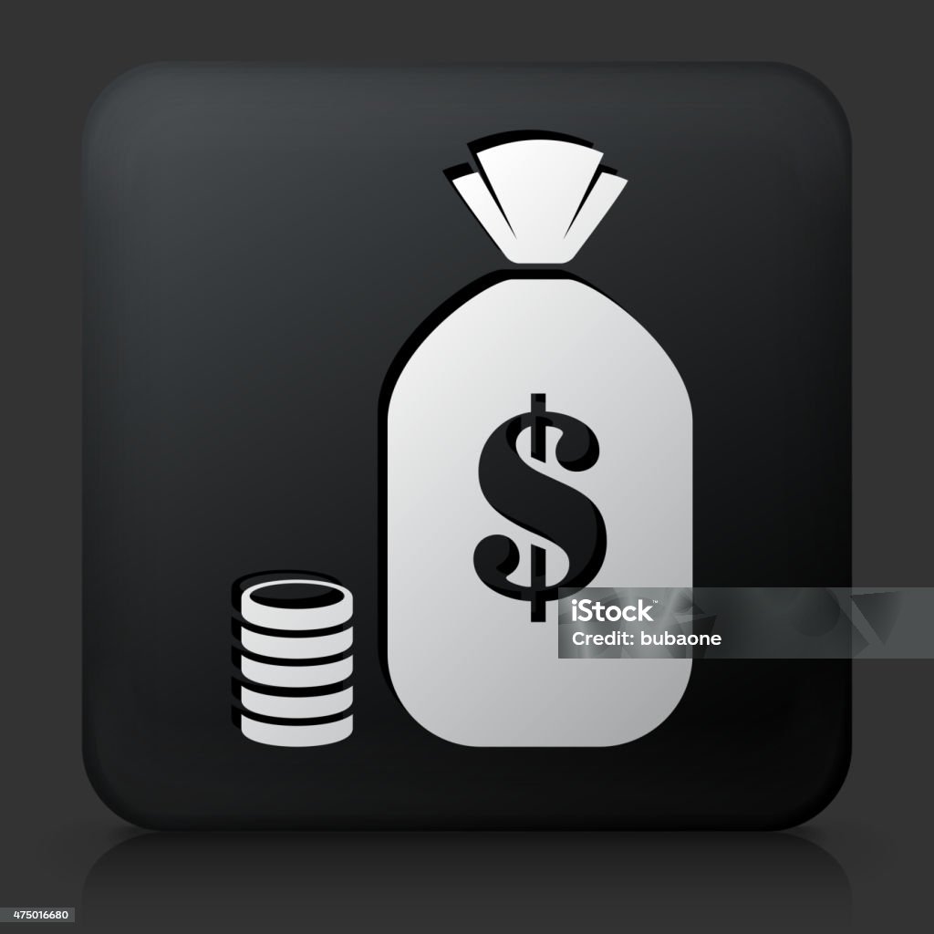 Black Square Button with Bag of Money Royalty free vector icon. The white interface icon is on a simple black Background. Button has a bevel effect and a light shadow. 100% royalty free vector file and can be easily modified, icon download comes with vector graphic and jpg file.Black Square Button with Bag of Money 2015 stock vector