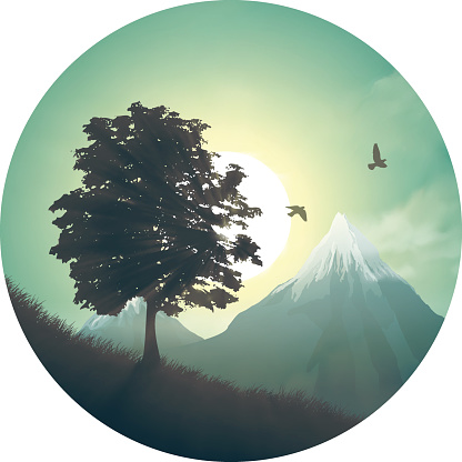 Foggy morning landscape with tree and flying birds in the mountains. Vector illustration.