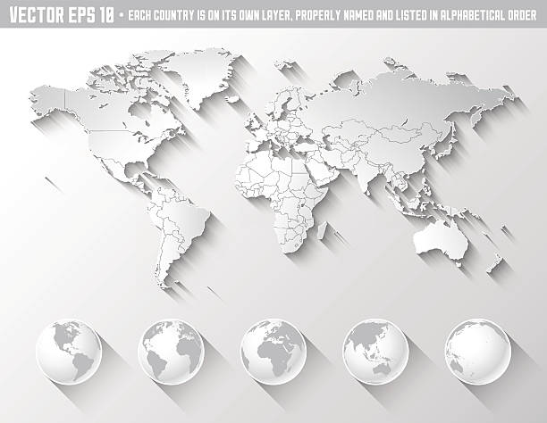 płaskie cieni mapa świata z globusy - japan spain stock illustrations
