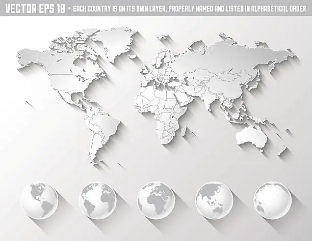 Vector illustration of Flat Shadow World map with globes