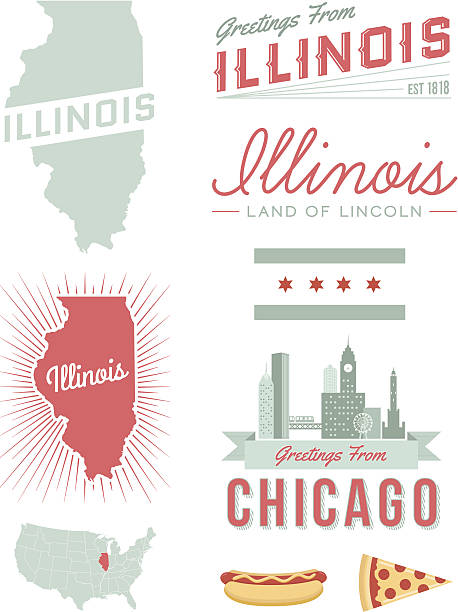 Illinois Typography A set of vintage-style icons and typography representing the state of Illinois, including Chicago. Each items is on a separate layer. Includes a layered Photoshop document. Ideal for both print and web elements. chicago illinois stock illustrations
