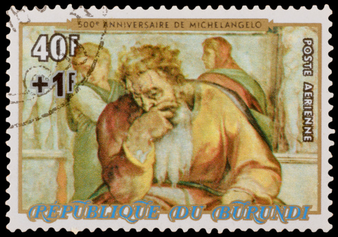 BURUNDI - CIRCA 1975: A stamp printed in the BURUNDI, shows Michelangelo Buonarroti fragment, 500 years anniversary, circa 1975