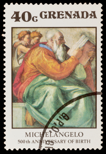 GRENADA - CIRCA 1975: A stamp printed in the GRENADA, shows Michelangelo Buonarroti, 500th Anniversary of birth, circa 1975