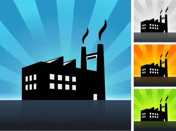 Vector illustration of multi-coloured factory building colour set