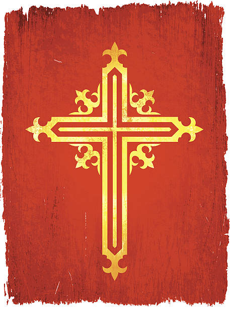 illustrazioni stock, clip art, cartoni animati e icone di tendenza di croce d'oro su sfondo rosso - christianity cross shape dirty grunge