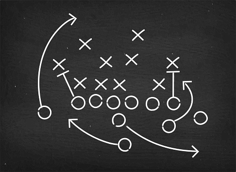 American football touchdown strategy diagram on chalkboard. The illustration features a detailed game strategy sketch with offensive line indicated as arrows and defensive line indicated as X signs. A coached playbook is presented as white chalk drawing on chalkboard. This royalty free vector illustration is perfect for football strategy designs.
