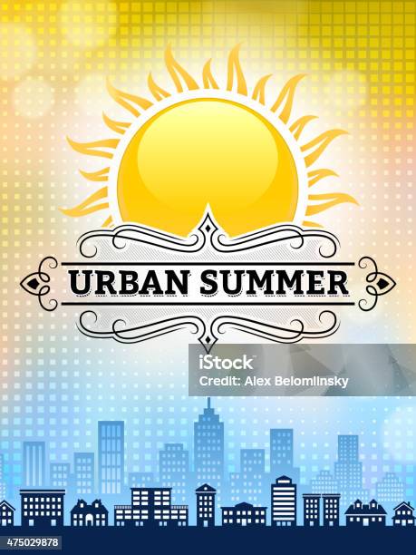 City Skyline Summer Day Invitation With Blue Sky And Sun Stock Illustration - Download Image Now