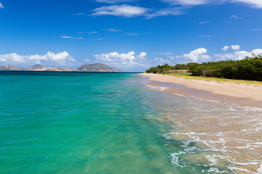 View of St Kitts and The Narrows from the beach in Nevis