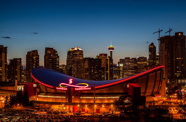 calgary la vista de los edificios de la ciudad por la noche  - scotiabank saddledome fotografías e imágenes de stock