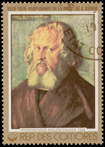COMORES - CIRCA 1978: A stamp printed in the COMORES, shows painting by DÃ¼rer, circa 1978