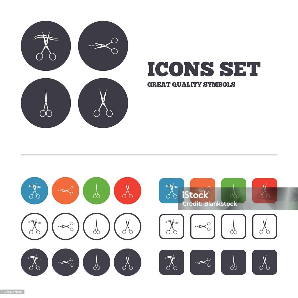 Scissors icons. Hairdresser or barbershop symbol Scissors icons. Hairdresser or barbershop symbol. Scissors cut hair. Cut dash dotted line. Tailor symbol. Web buttons set. Circles and squares templates. Vector 2015 stock vector