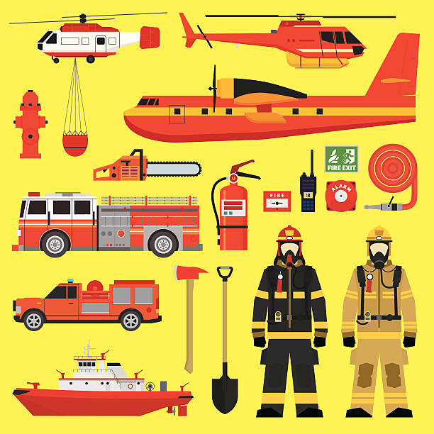 fire brigade 장비 인포그래픽 설정 - engine car truck hose stock illustrations